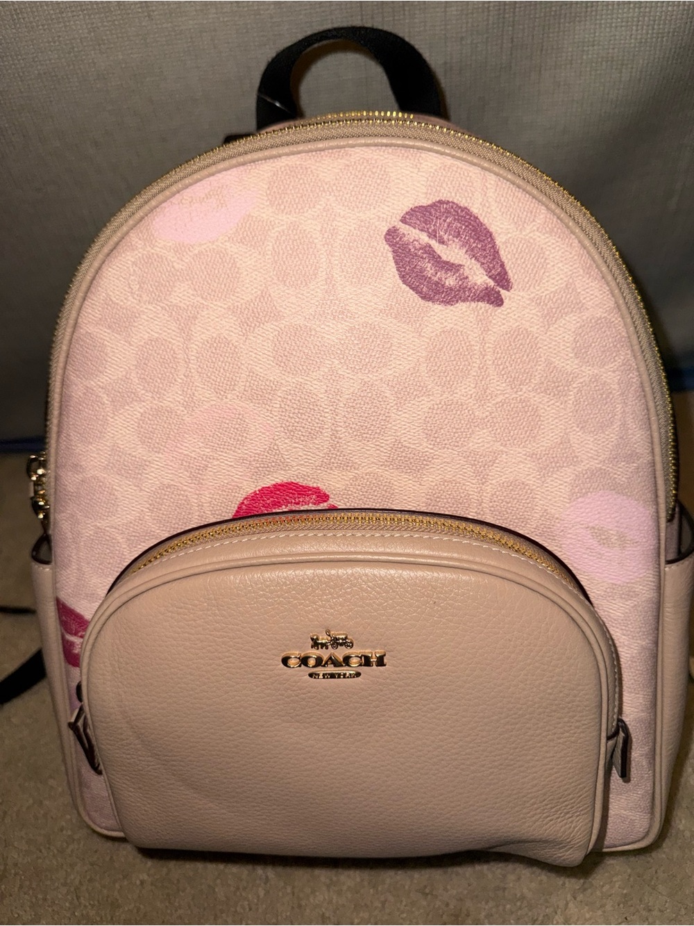 Coach Pink Kiss-Print Mini Backpack with Gold Hardware